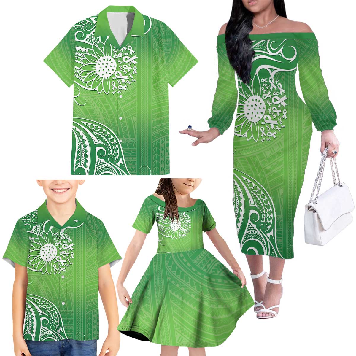 Polynesia Depression Awareness Family Matching Off The Shoulder Long Sleeve Dress and Hawaiian Shirt Sunflower Green Ribbons Polynesian Tattoo