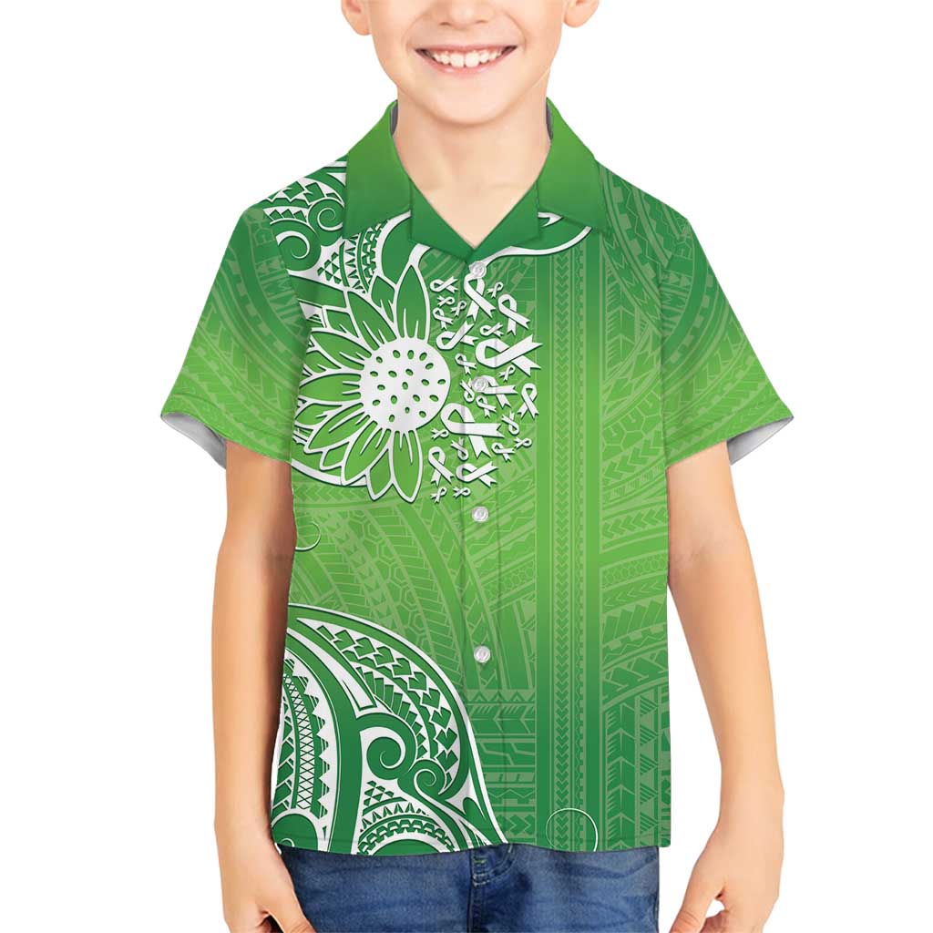 Polynesia Depression Awareness Family Matching Off Shoulder Maxi Dress and Hawaiian Shirt Sunflower Green Ribbons Polynesian Tattoo