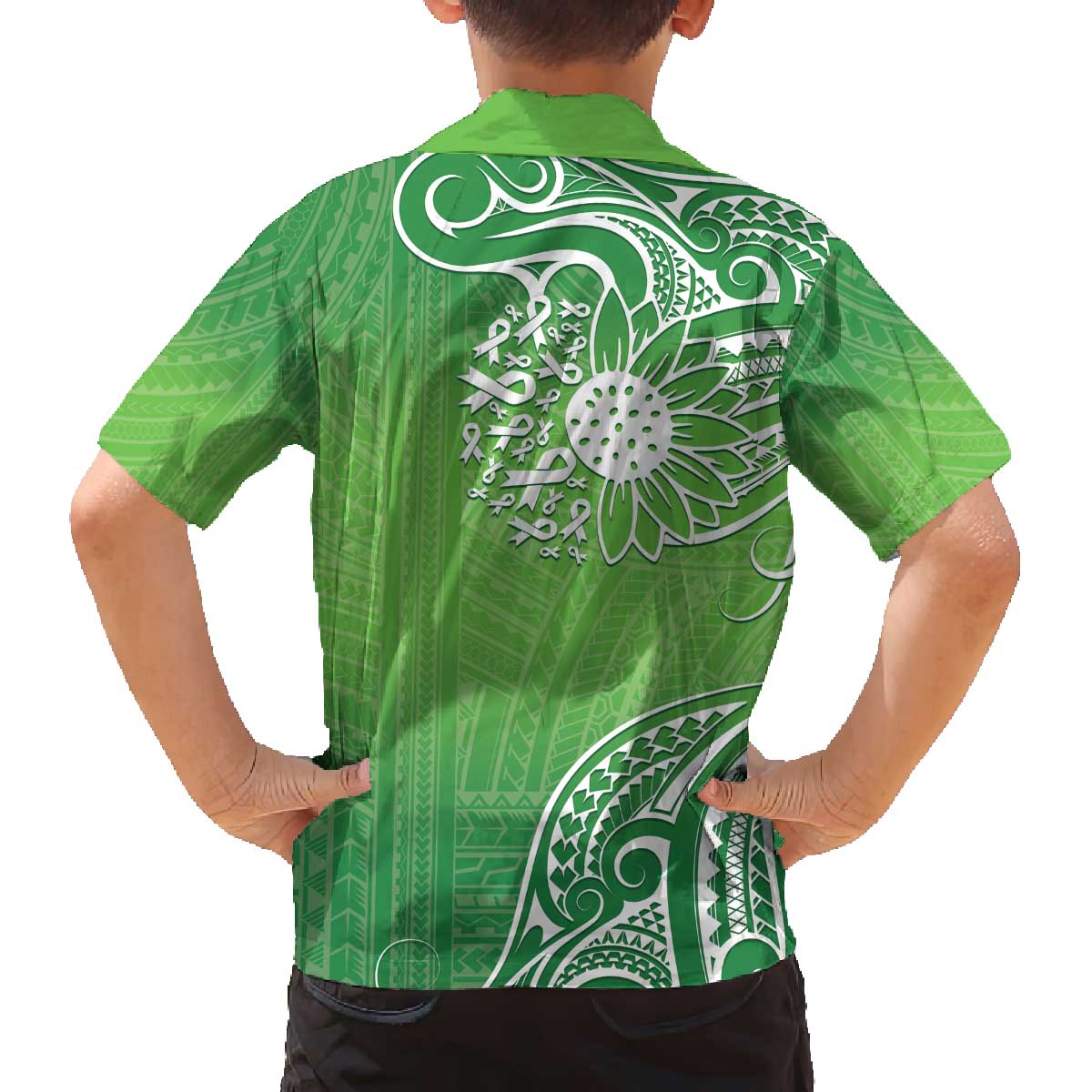 Polynesia Depression Awareness Family Matching Off Shoulder Short Dress and Hawaiian Shirt Sunflower Green Ribbons Polynesian Tattoo