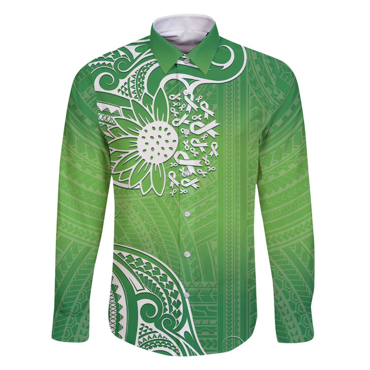 Polynesia Depression Awareness Family Matching Off Shoulder Short Dress and Hawaiian Shirt Sunflower Green Ribbons Polynesian Tattoo