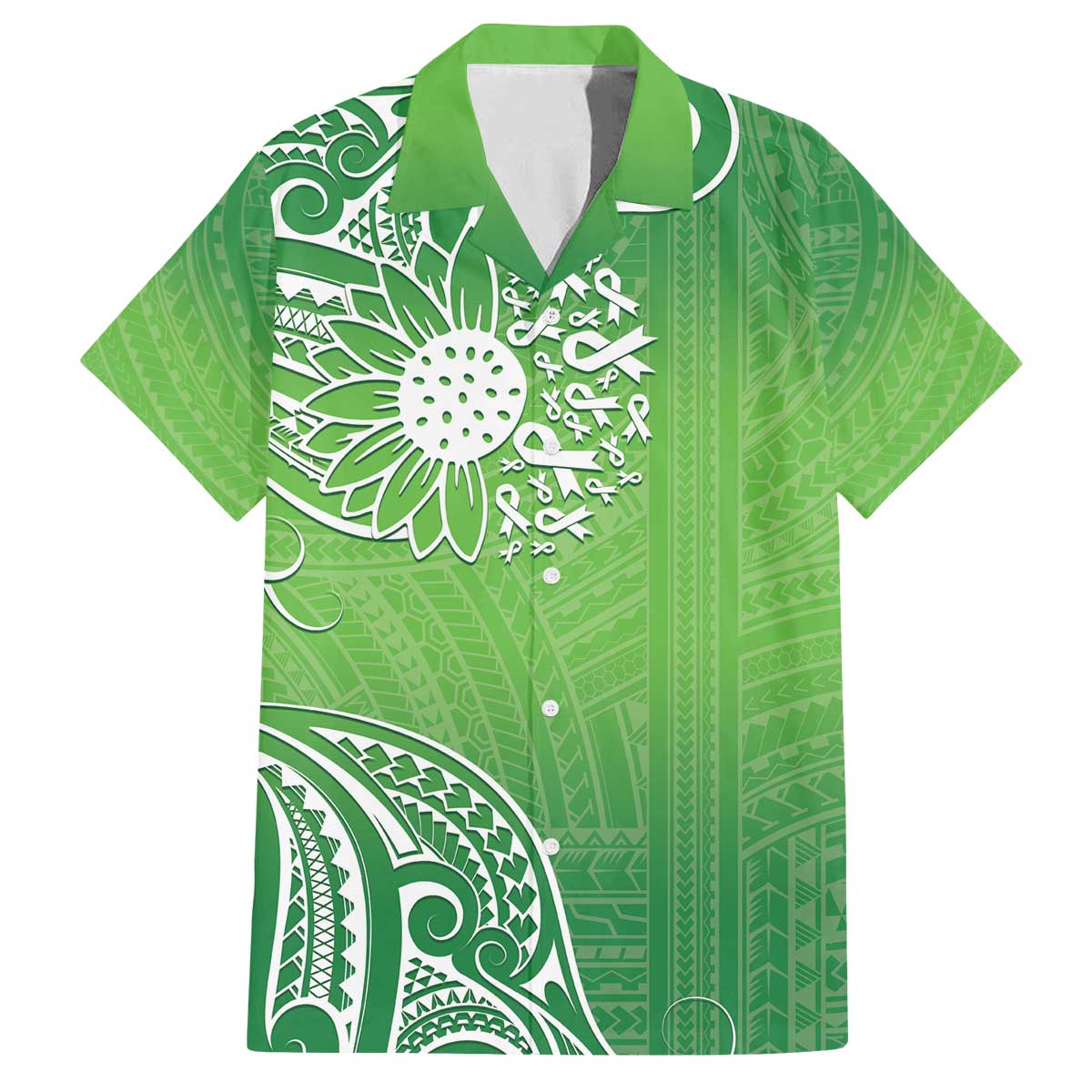 Polynesia Depression Awareness Family Matching Puletasi and Hawaiian Shirt Sunflower Green Ribbons Polynesian Tattoo LT14 Dad's Shirt - Short Sleeve Green - Polynesian Pride