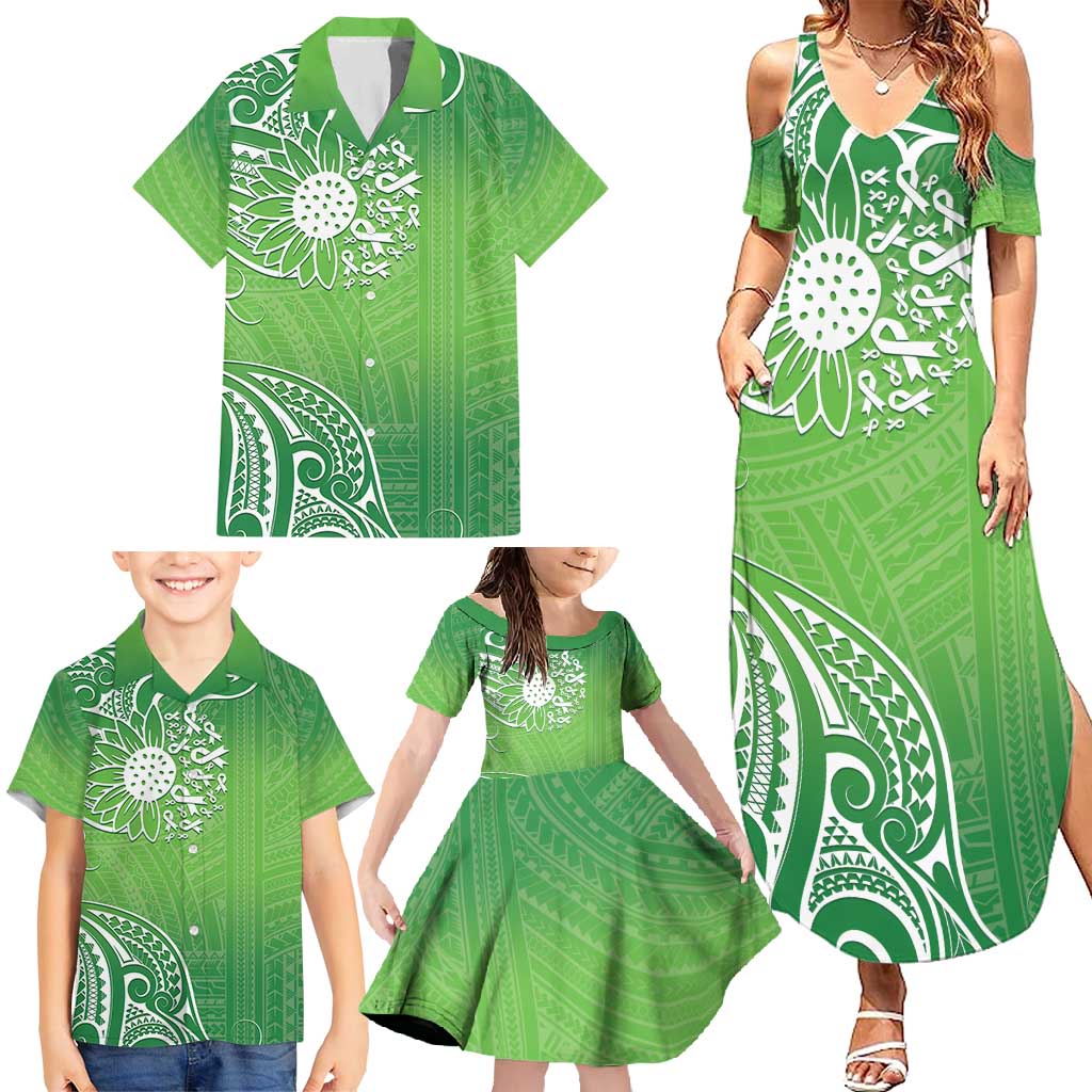 Polynesia Depression Awareness Family Matching Summer Maxi Dress and Hawaiian Shirt Sunflower Green Ribbons Polynesian Tattoo