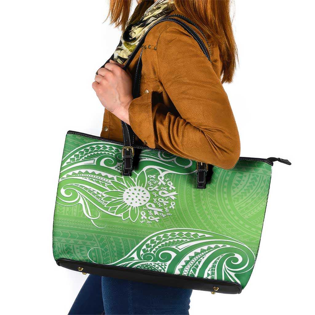 Polynesia Depression Awareness Leather Tote Bag Sunflower Green Ribbons Polynesian Tattoo