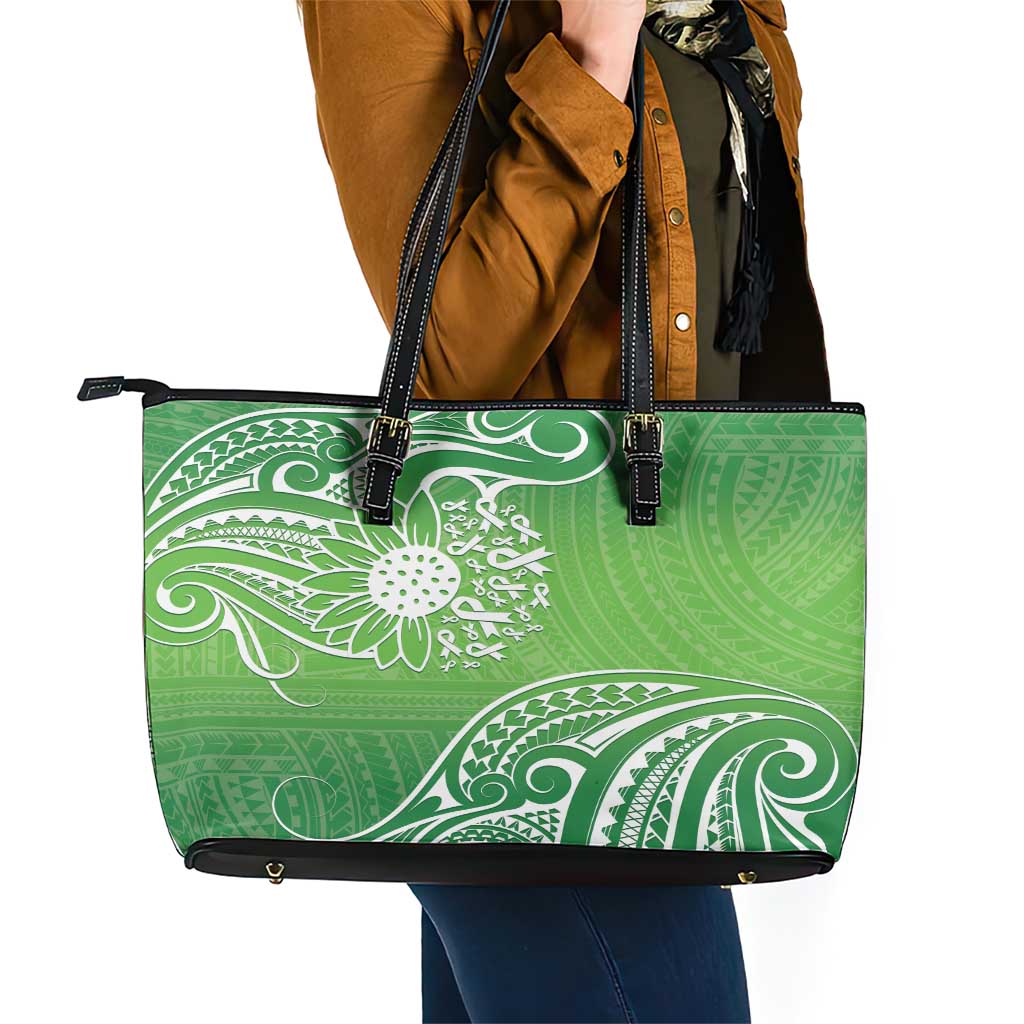 Polynesia Depression Awareness Leather Tote Bag Sunflower Green Ribbons Polynesian Tattoo LT14 - Polynesian Pride