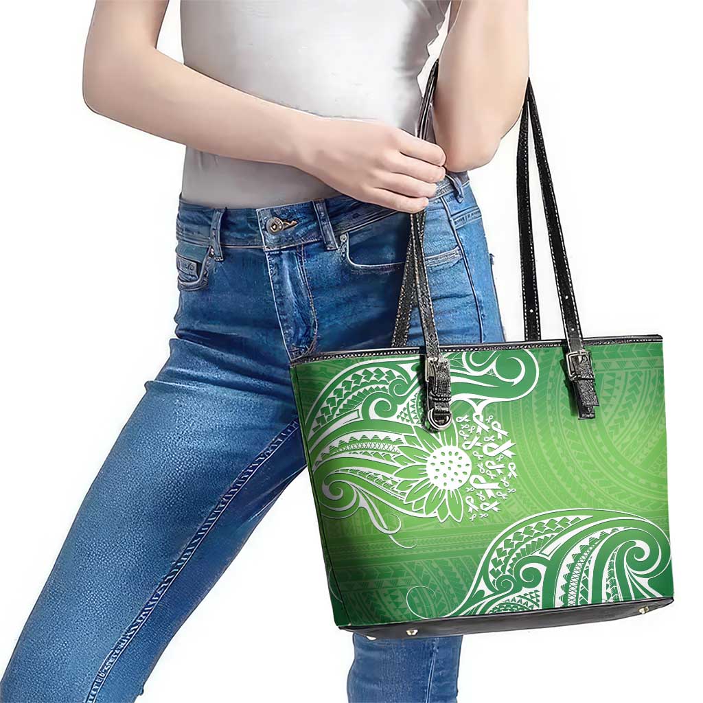 Polynesia Depression Awareness Leather Tote Bag Sunflower Green Ribbons Polynesian Tattoo LT14 - Polynesian Pride