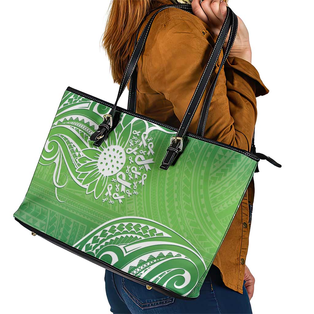 Polynesia Depression Awareness Leather Tote Bag Sunflower Green Ribbons Polynesian Tattoo LT14 - Polynesian Pride