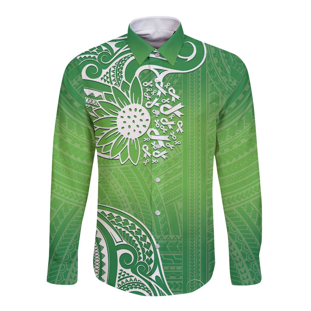 Polynesia Depression Awareness Long Sleeve Button Shirt Sunflower Green Ribbons Polynesian Tattoo