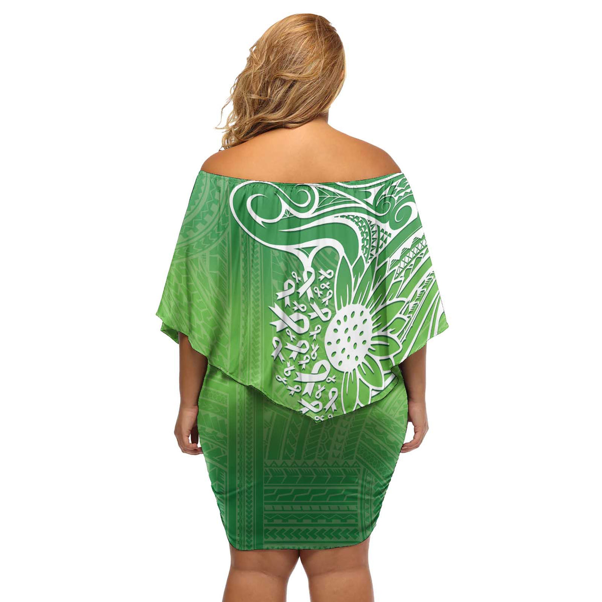 Polynesia Depression Awareness Off Shoulder Short Dress Sunflower Green Ribbons Polynesian Tattoo LT14 - Polynesian Pride