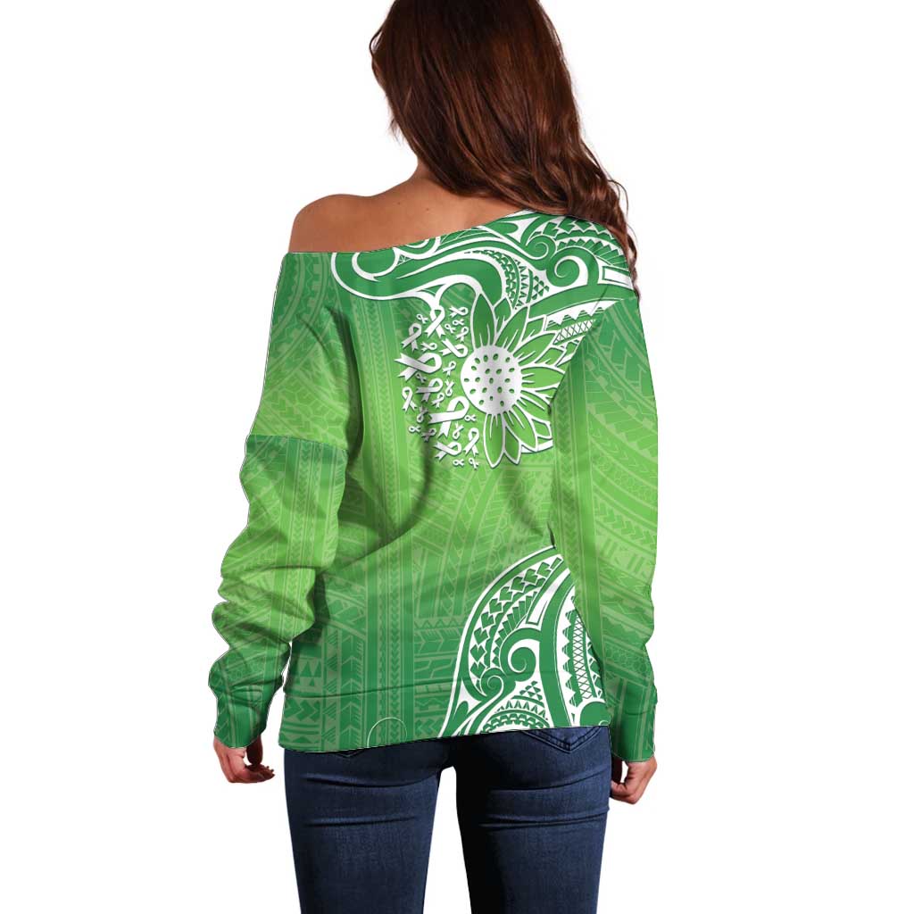 Polynesia Depression Awareness Off Shoulder Sweater Sunflower Green Ribbons Polynesian Tattoo