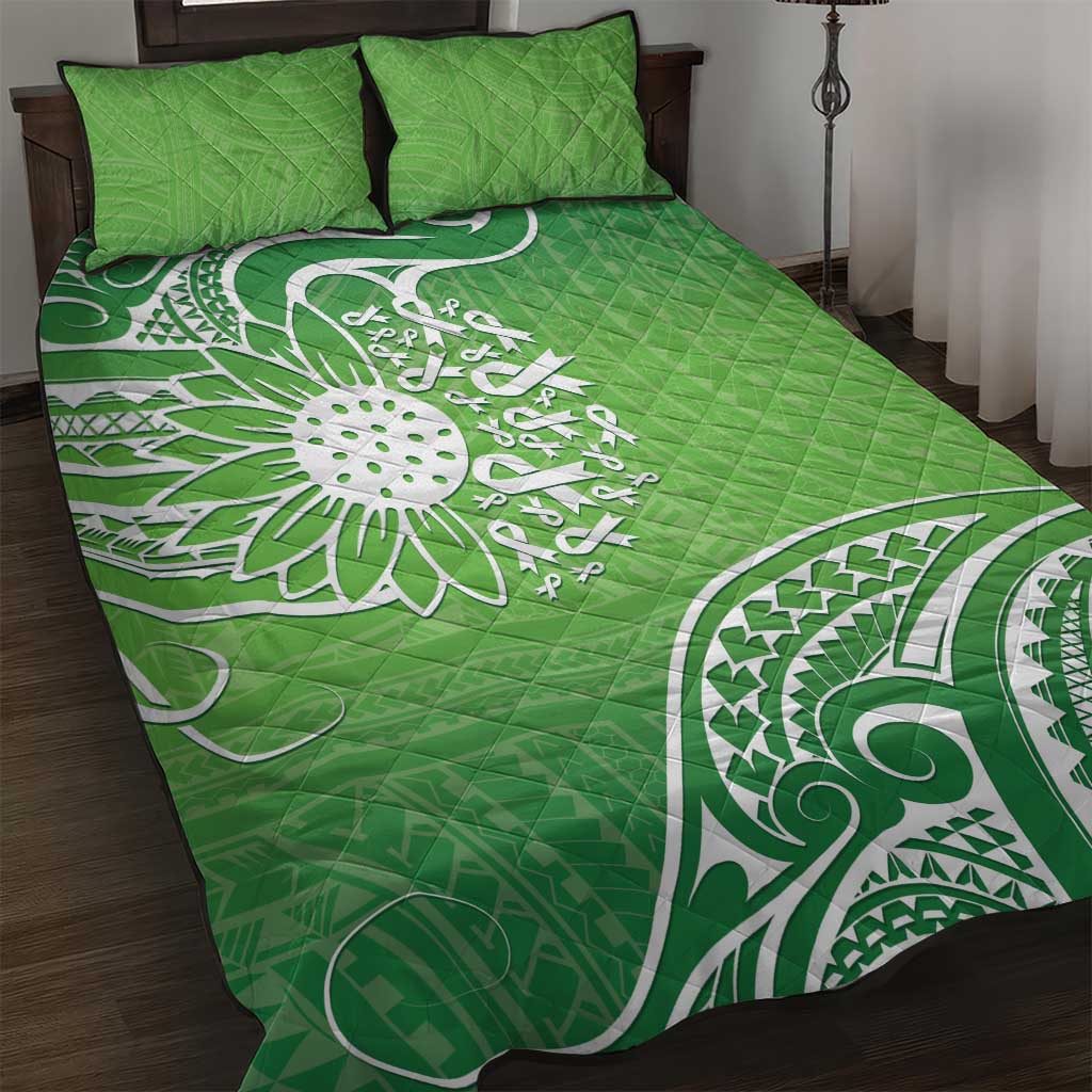 Polynesia Depression Awareness Quilt Bed Set Sunflower Green Ribbons Polynesian Tattoo