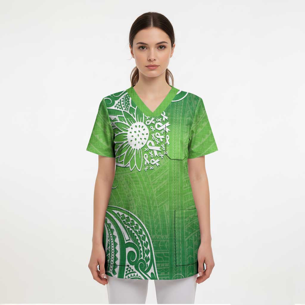 Polynesia Depression Awareness Scrub Top Sunflower Green Ribbons Polynesian Tattoo - Polynesian Pride