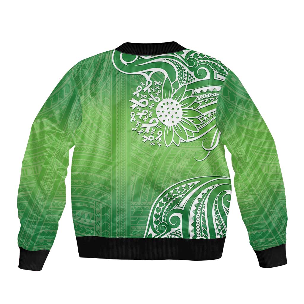 Polynesia Depression Awareness Sleeve Zip Bomber Jacket Sunflower Green Ribbons Polynesian Tattoo