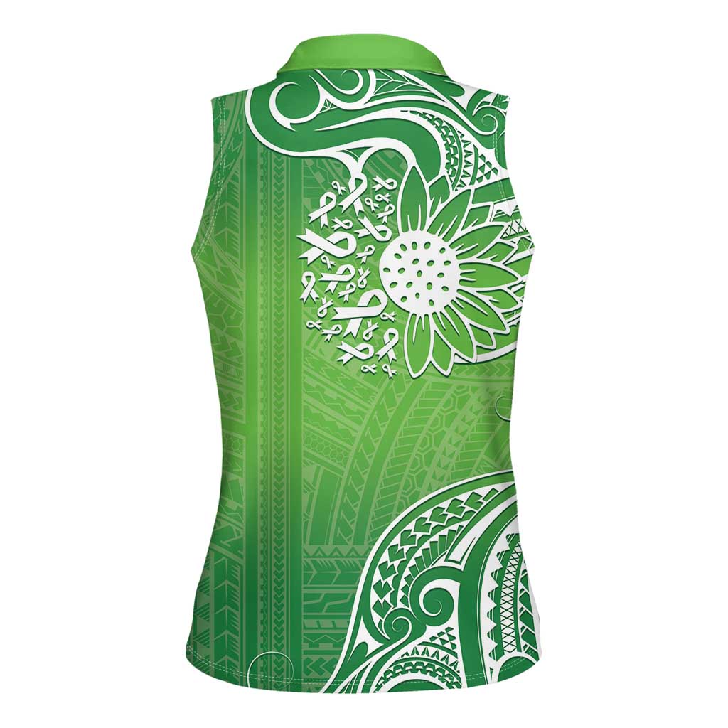 Polynesia Depression Awareness Women Sleeveless Polo Shirt Sunflower Green Ribbons Polynesian Tattoo