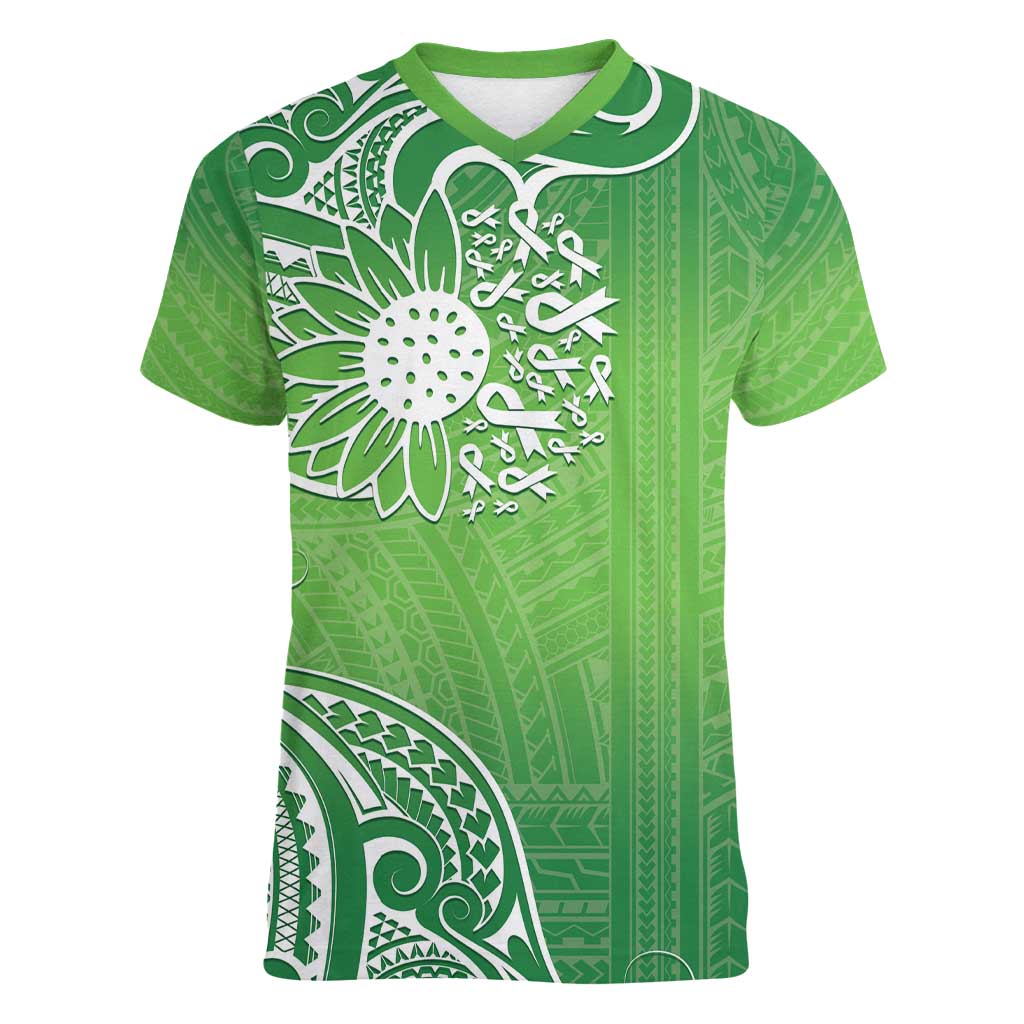 Polynesia Depression Awareness Women V-Neck T-Shirt Sunflower Green Ribbons Polynesian Tattoo