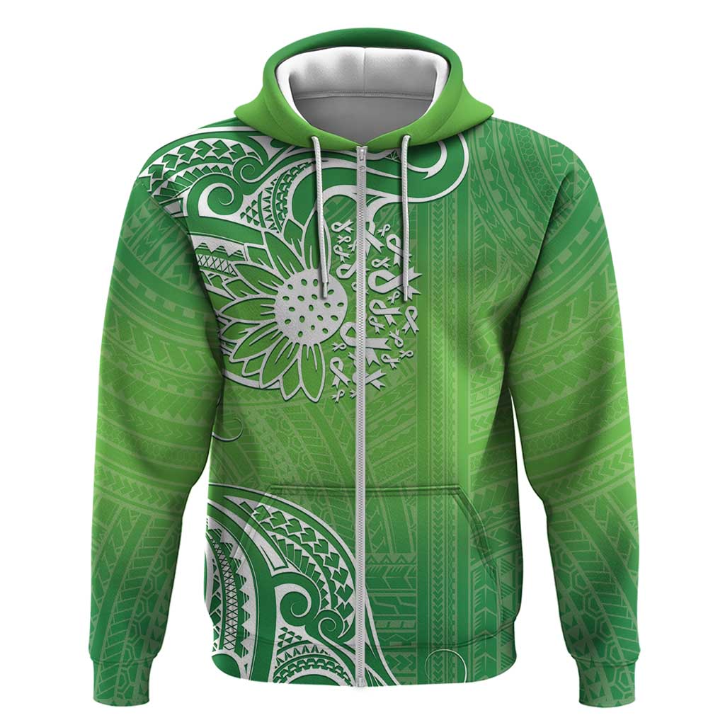 Polynesia Depression Awareness Zip Hoodie Sunflower Green Ribbons Polynesian Tattoo