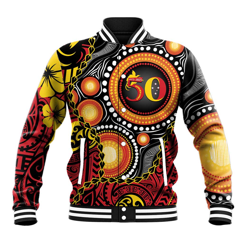 Celebrating 50 Years Papua New Guinea Baseball Jacket Aboriginal Mix Papuan Pattern LT14 Unisex Red - Polynesian Pride