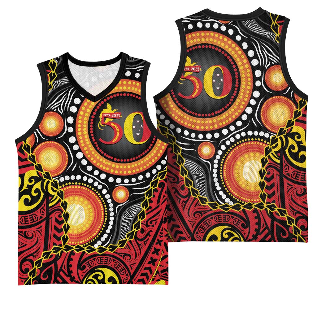 Celebrating 50 Years Papua New Guinea Basketball Jersey Aboriginal Mix Papuan Pattern - Polynesian Pride