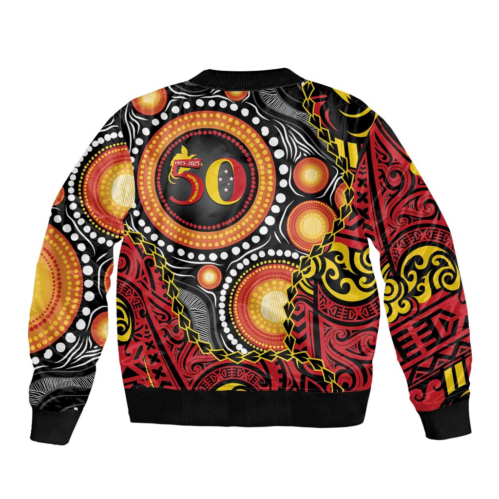 Celebrating 50 Years Papua New Guinea Bomber Jacket Aboriginal Mix Papuan Pattern - Polynesian Pride