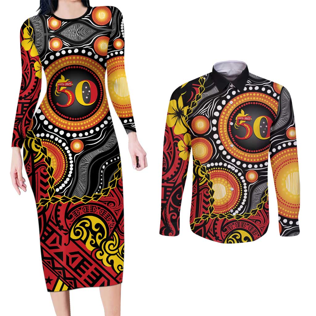 Celebrating 50 Years Papua New Guinea Couples Matching Long Sleeve Bodycon Dress and Long Sleeve Button Shirt Aboriginal Mix Papuan Pattern LT14 Red - Polynesian Pride