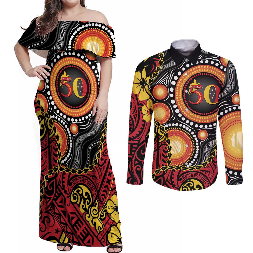Celebrating 50 Years Papua New Guinea Couples Matching Off Shoulder Maxi Dress and Long Sleeve Button Shirt Aboriginal Mix Papuan Pattern LT14 Red - Polynesian Pride