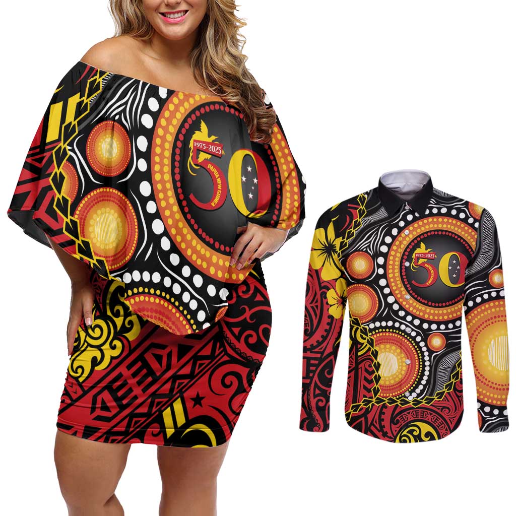 Celebrating 50 Years Papua New Guinea Couples Matching Off Shoulder Short Dress and Long Sleeve Button Shirt Aboriginal Mix Papuan Pattern LT14 Red - Polynesian Pride