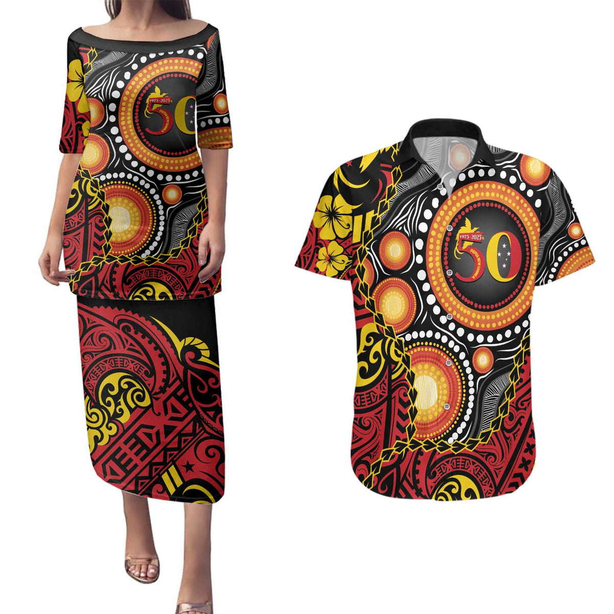 Celebrating 50 Years Papua New Guinea Couples Matching Puletasi and Hawaiian Shirt Aboriginal Mix Papuan Pattern - Polynesian Pride
