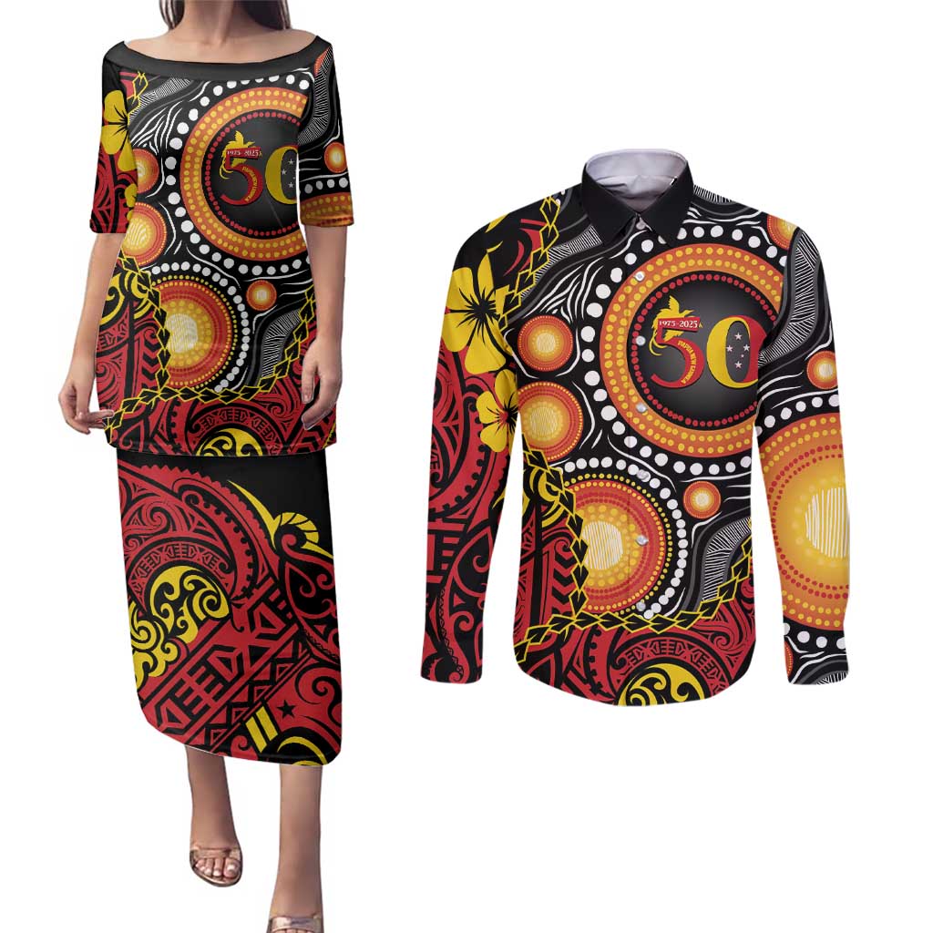 Celebrating 50 Years Papua New Guinea Couples Matching Puletasi and Long Sleeve Button Shirt Aboriginal Mix Papuan Pattern LT14 Red - Polynesian Pride
