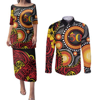 Celebrating 50 Years Papua New Guinea Couples Matching Puletasi and Long Sleeve Button Shirt Aboriginal Mix Papuan Pattern LT14 Red - Polynesian Pride