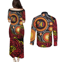 Celebrating 50 Years Papua New Guinea Couples Matching Puletasi and Long Sleeve Button Shirt Aboriginal Mix Papuan Pattern LT14 - Polynesian Pride