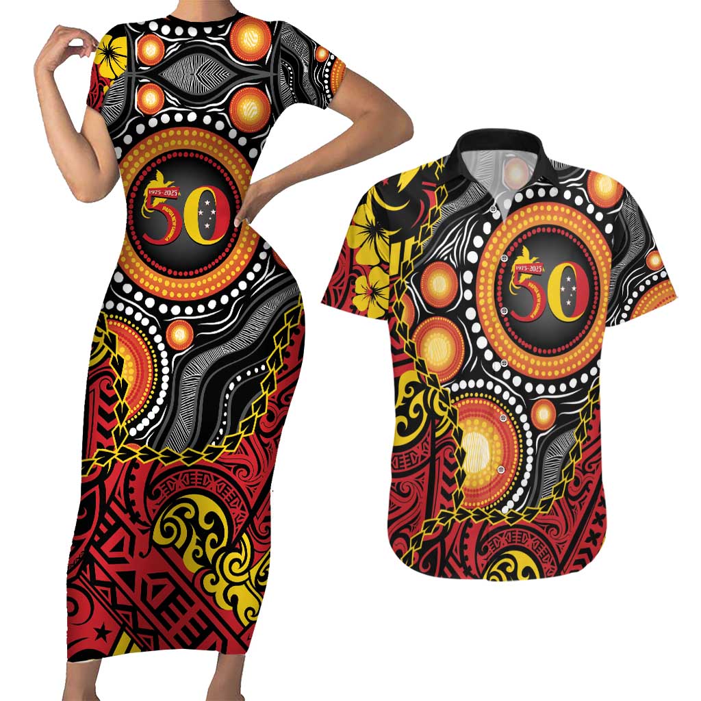 Celebrating 50 Years Papua New Guinea Couples Matching Short Sleeve Bodycon Dress and Hawaiian Shirt Aboriginal Mix Papuan Pattern LT14 Red - Polynesian Pride