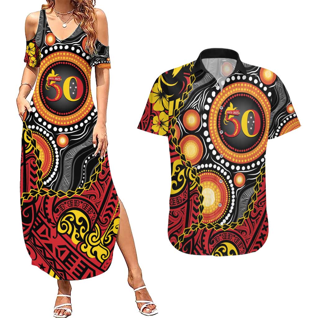 Celebrating 50 Years Papua New Guinea Couples Matching Summer Maxi Dress and Hawaiian Shirt Aboriginal Mix Papuan Pattern LT14 Red - Polynesian Pride