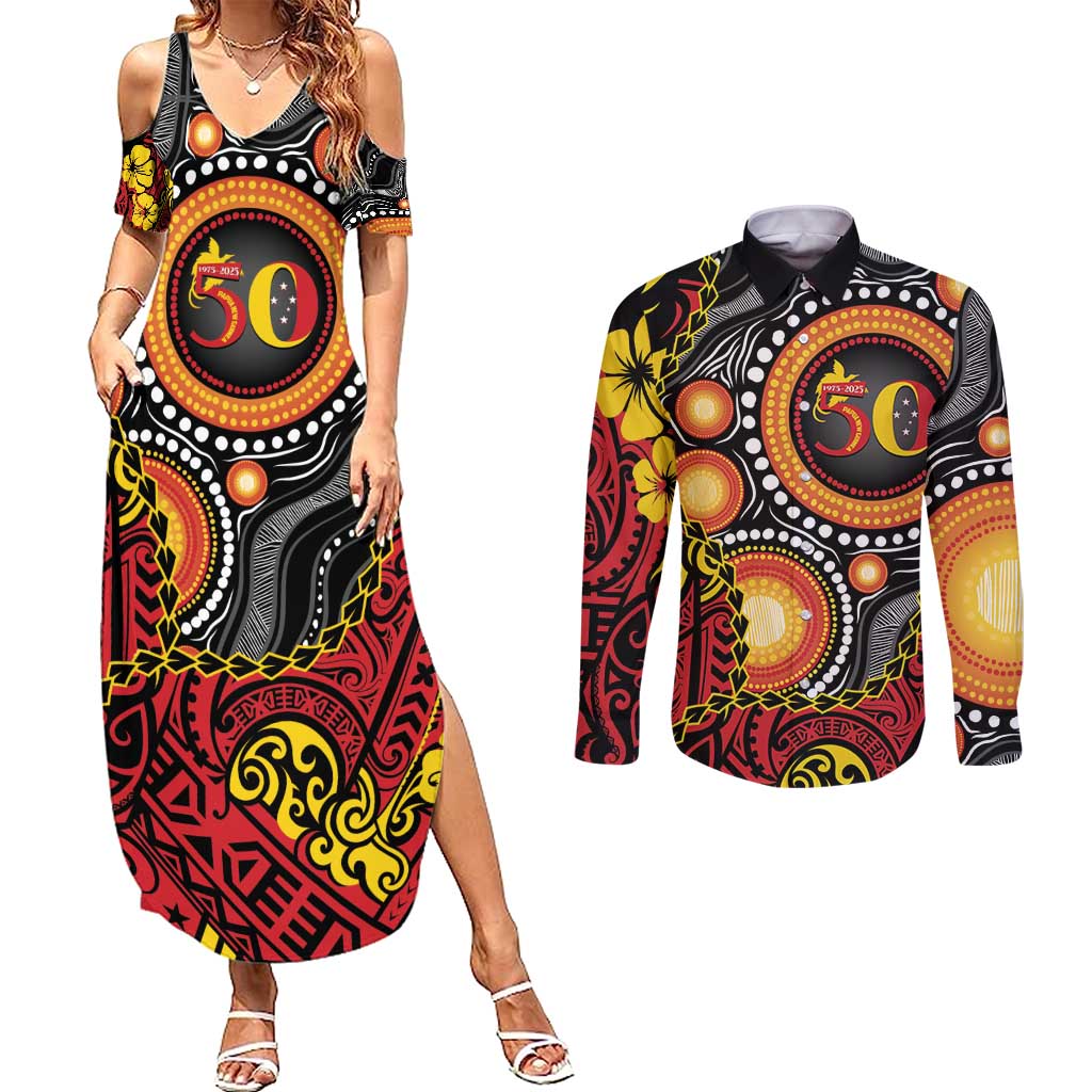 Celebrating 50 Years Papua New Guinea Couples Matching Summer Maxi Dress and Long Sleeve Button Shirt Aboriginal Mix Papuan Pattern LT14 Red - Polynesian Pride