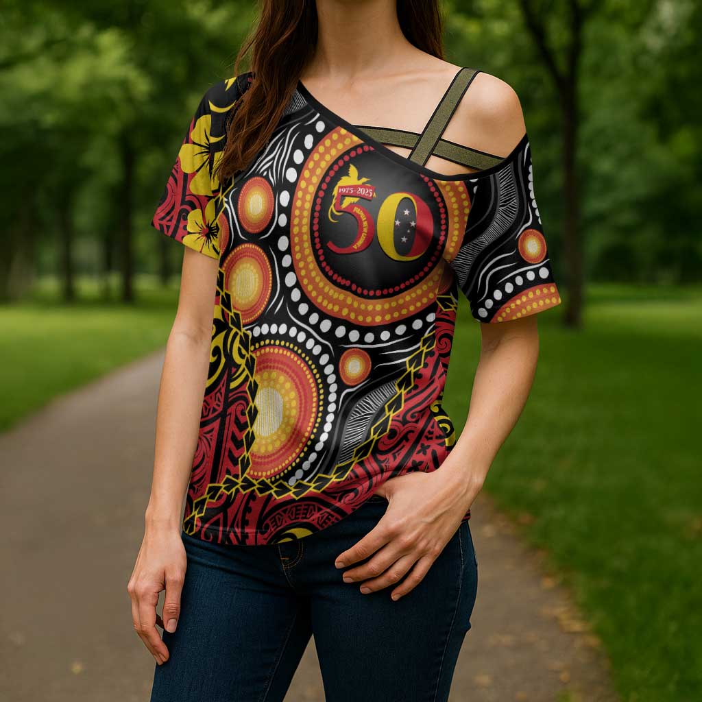 Celebrating 50 Years Papua New Guinea Cross Shoulder Shirt Aboriginal Mix Papuan Pattern - Polynesian Pride