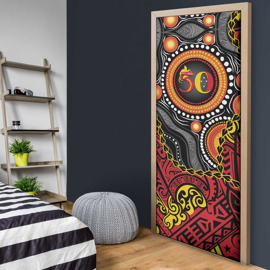 Celebrating 50 Years Papua New Guinea Door Cover Aboriginal Mix Papuan Pattern - Polynesian Pride