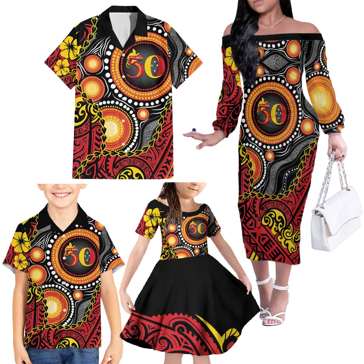 Celebrating 50 Years Papua New Guinea Family Matching Off The Shoulder Long Sleeve Dress and Hawaiian Shirt Aboriginal Mix Papuan Pattern LT14 - Polynesian Pride