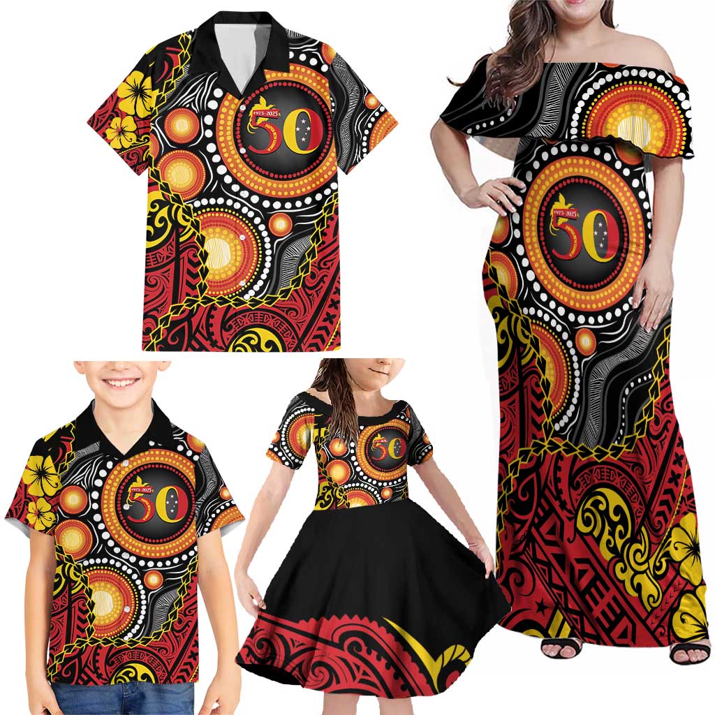 Celebrating 50 Years Papua New Guinea Family Matching Off Shoulder Maxi Dress and Hawaiian Shirt Aboriginal Mix Papuan Pattern LT14 - Polynesian Pride
