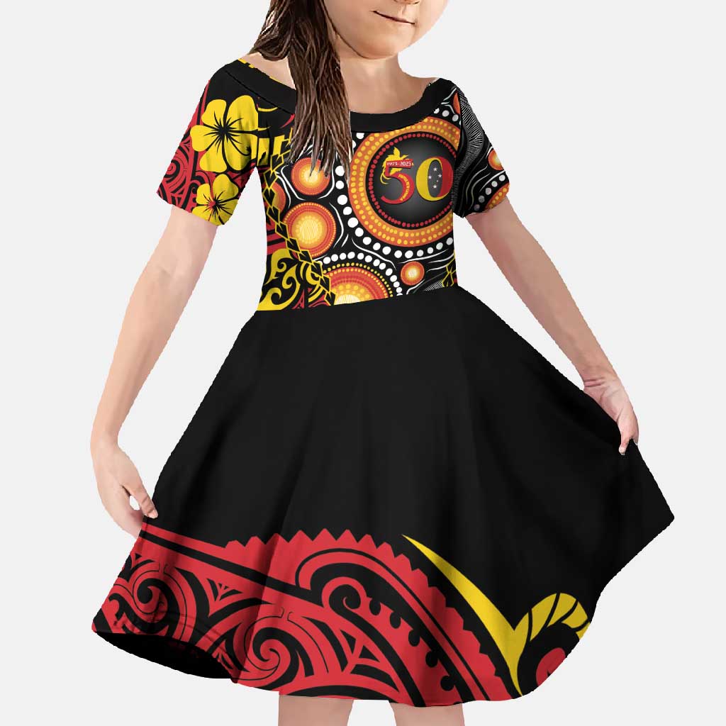 Celebrating 50 Years Papua New Guinea Family Matching Short Sleeve Bodycon Dress and Hawaiian Shirt Aboriginal Mix Papuan Pattern - Polynesian Pride