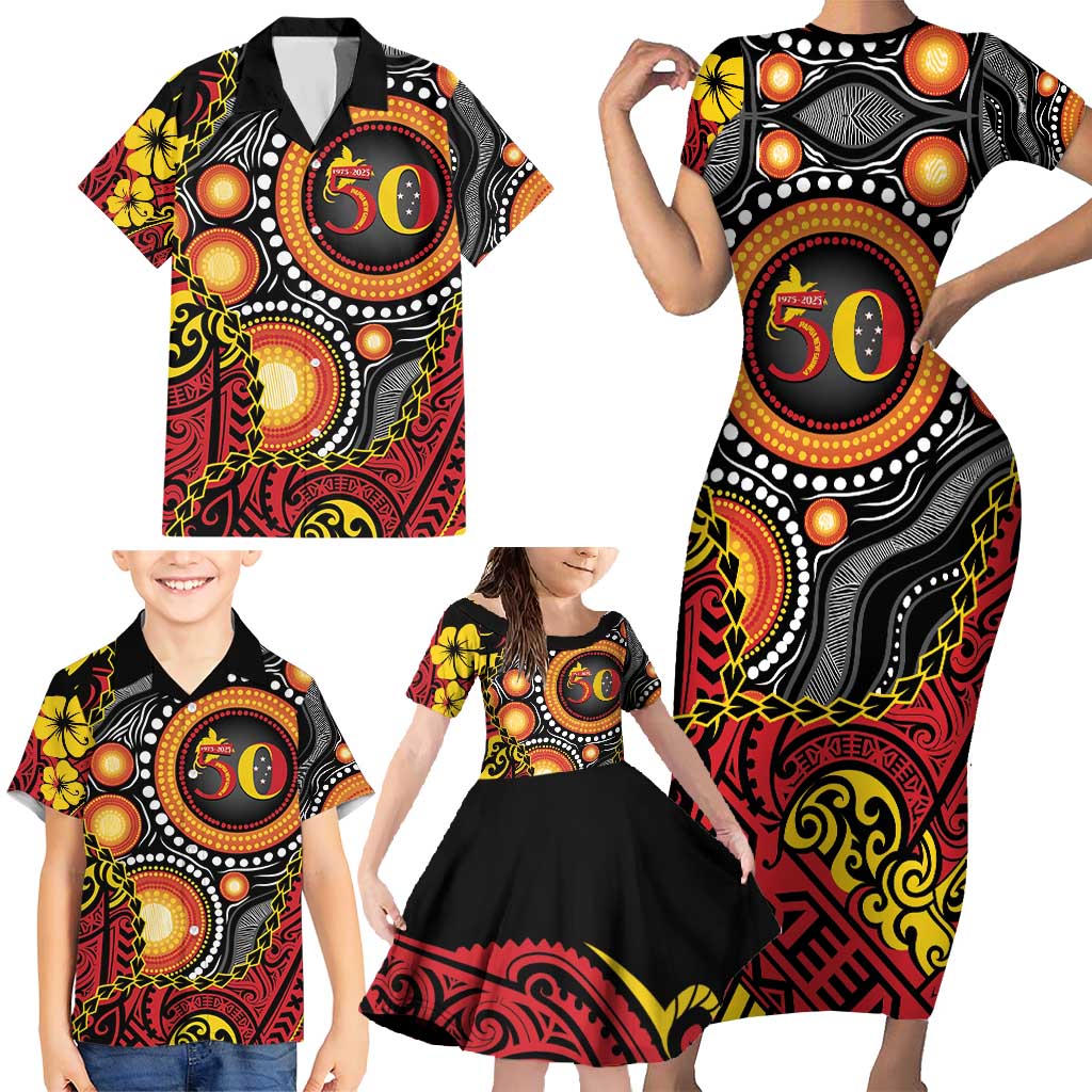 Celebrating 50 Years Papua New Guinea Family Matching Short Sleeve Bodycon Dress and Hawaiian Shirt Aboriginal Mix Papuan Pattern LT14 - Polynesian Pride
