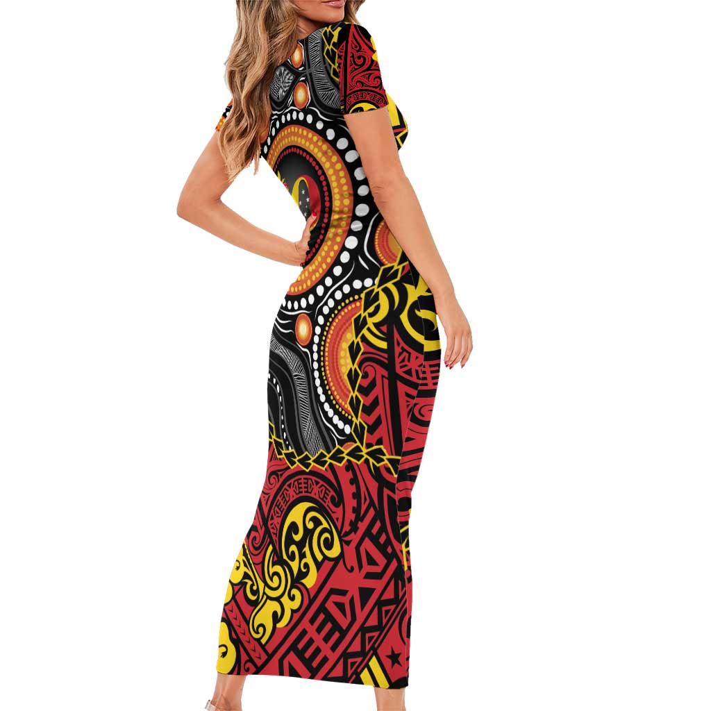 Celebrating 50 Years Papua New Guinea Family Matching Short Sleeve Bodycon Dress and Hawaiian Shirt Aboriginal Mix Papuan Pattern - Polynesian Pride