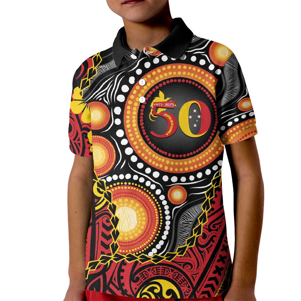 Celebrating 50 Years Papua New Guinea Kid Polo Shirt Aboriginal Mix Papuan Pattern - Polynesian Pride