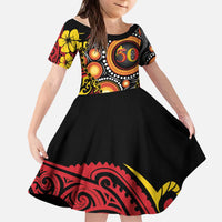 Celebrating 50 Years Papua New Guinea Kid Short Sleeve Dress Aboriginal Mix Papuan Pattern - Polynesian Pride