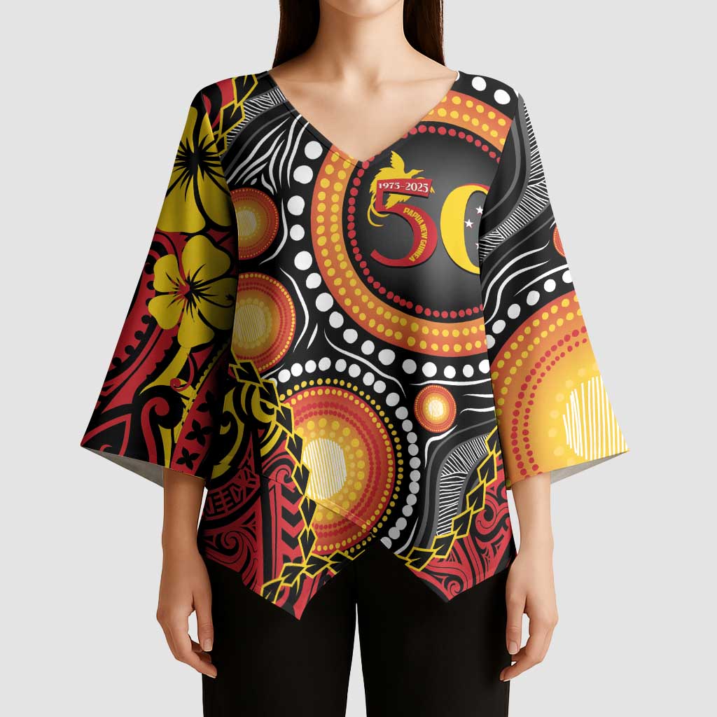 Celebrating 50 Years Papua New Guinea Kimono Sleeve Blouse Aboriginal Mix Papuan Pattern - Polynesian Pride