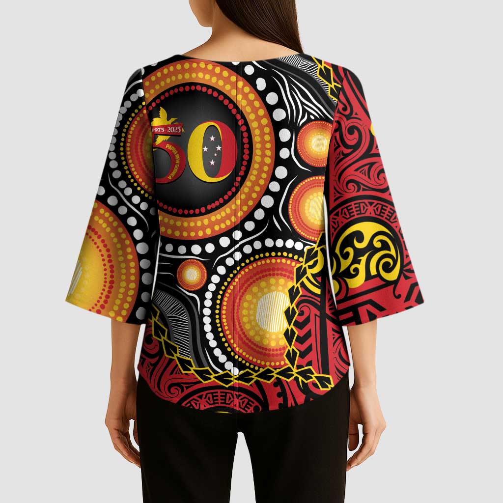 Celebrating 50 Years Papua New Guinea Kimono Sleeve Blouse Aboriginal Mix Papuan Pattern - Polynesian Pride