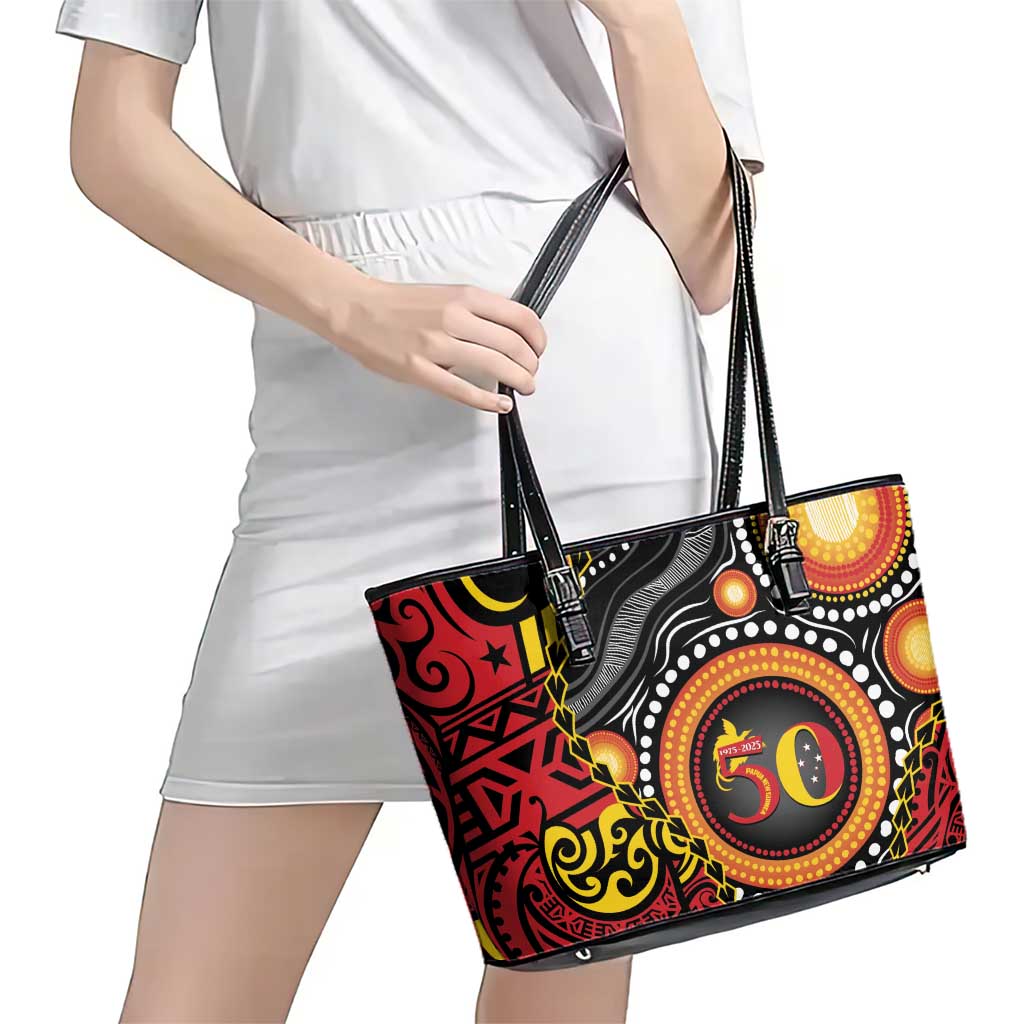 Celebrating 50 Years Papua New Guinea Leather Tote Bag Aboriginal Mix Papuan Pattern - Polynesian Pride