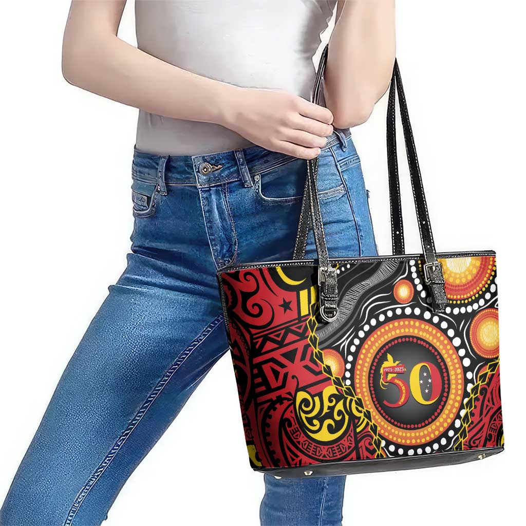 Celebrating 50 Years Papua New Guinea Leather Tote Bag Aboriginal Mix Papuan Pattern - Polynesian Pride