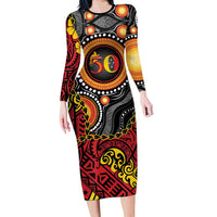 Celebrating 50 Years Papua New Guinea Long Sleeve Bodycon Dress Aboriginal Mix Papuan Pattern LT14 Long Dress Red - Polynesian Pride