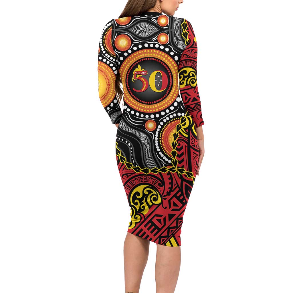 Celebrating 50 Years Papua New Guinea Long Sleeve Bodycon Dress Aboriginal Mix Papuan Pattern LT14 - Polynesian Pride