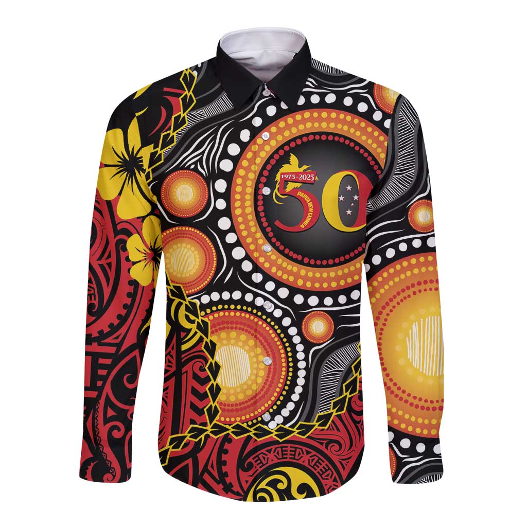 Celebrating 50 Years Papua New Guinea Long Sleeve Button Shirt Aboriginal Mix Papuan Pattern LT14 Unisex Red - Polynesian Pride