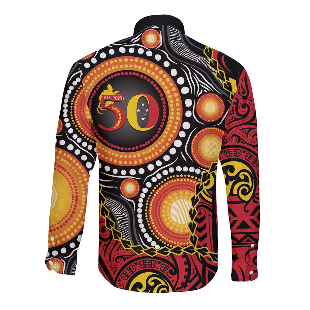 Celebrating 50 Years Papua New Guinea Long Sleeve Button Shirt Aboriginal Mix Papuan Pattern LT14 - Polynesian Pride