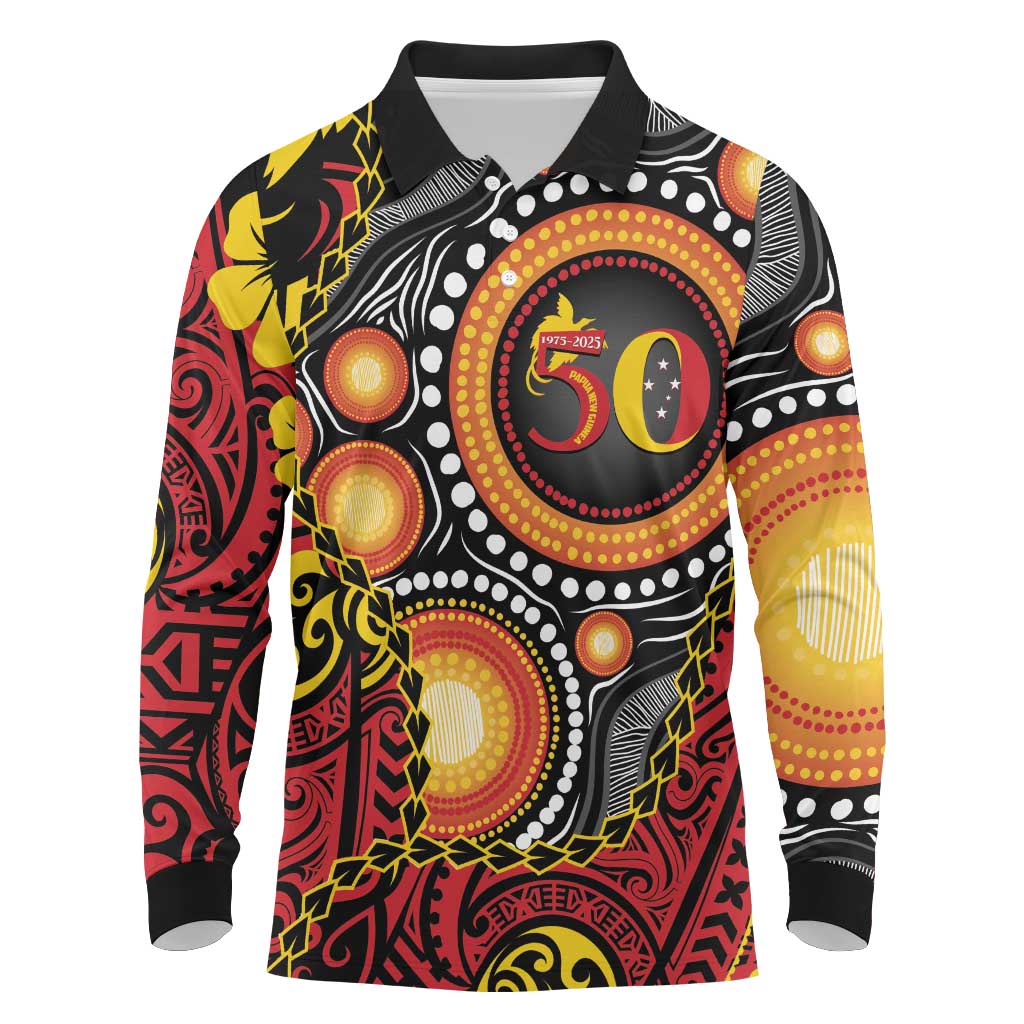 Celebrating 50 Years Papua New Guinea Long Sleeve Polo Shirt Aboriginal Mix Papuan Pattern LT14 Red - Polynesian Pride